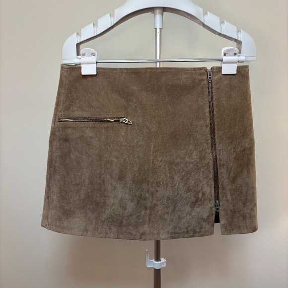 Blank NYC Asymmetrical Leather Mini Skirt - neutral brown zipper detail - Picture 1 of 10